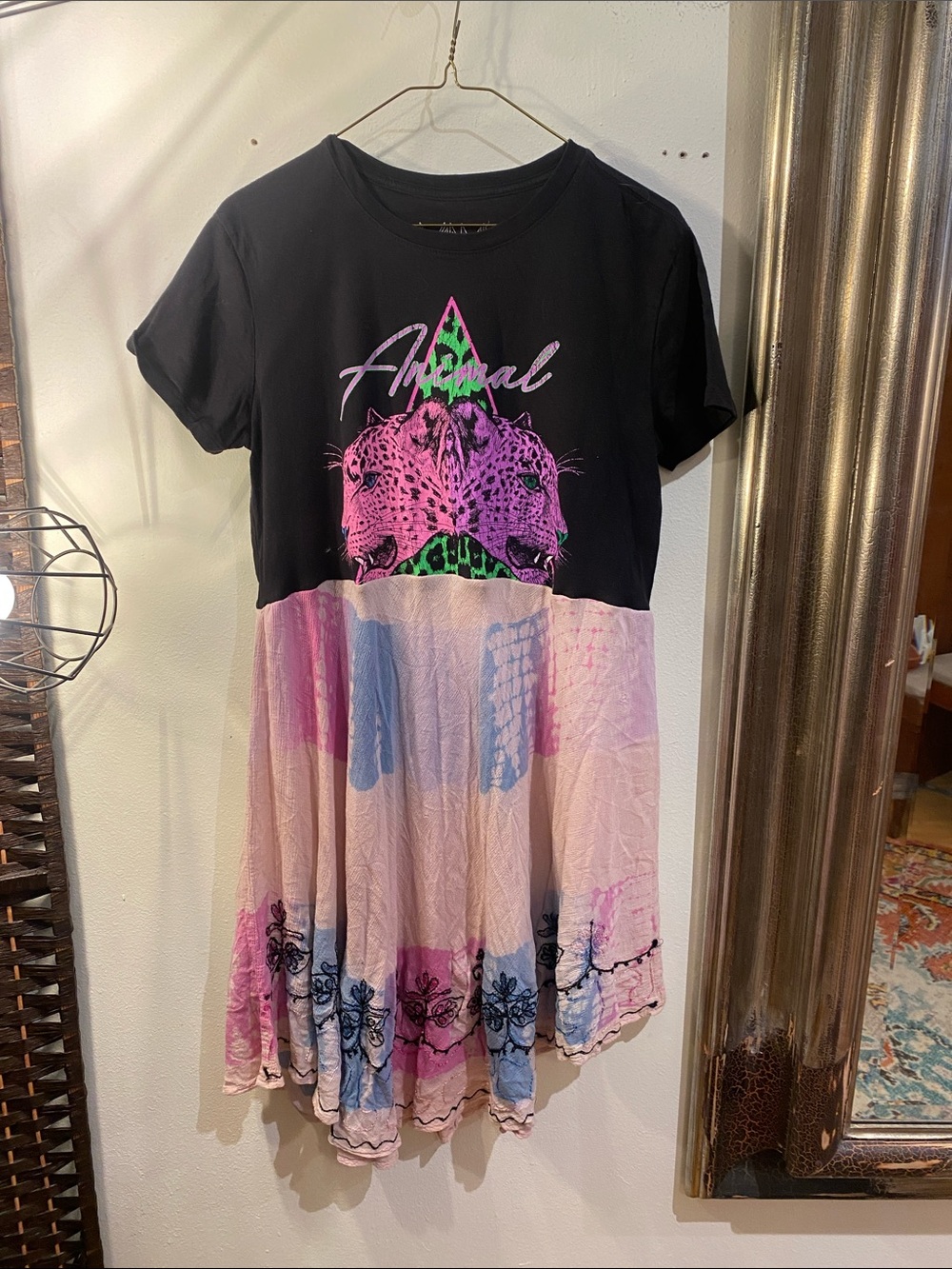 OOAK Upcycled Def Leopard Black & Pink Graphic Tiered Dress with Printed Skirt